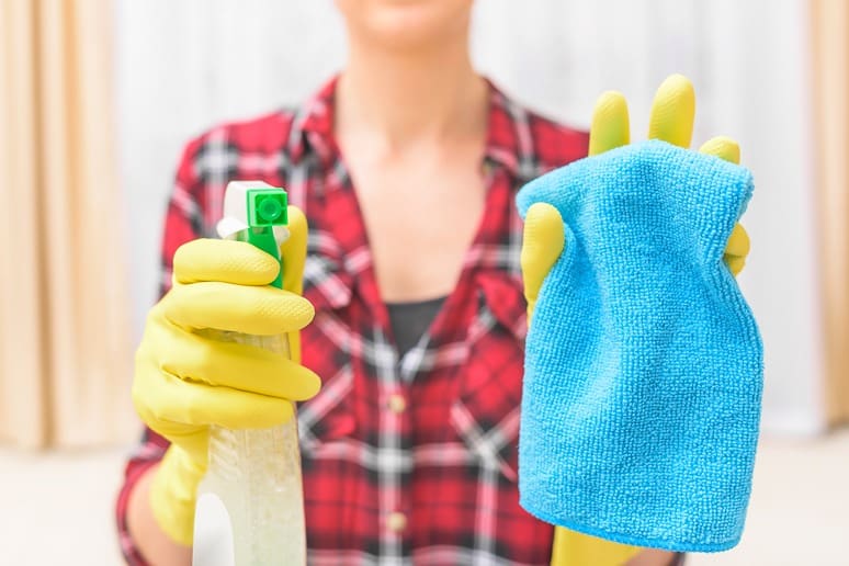 Woman in Red Flannel Getting Ready to Clean